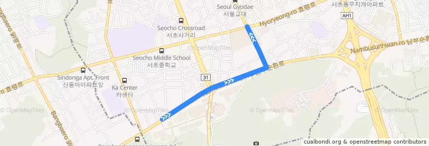 Mapa del recorrido 서초22 (국립국악원 방면) de la línea  en 서초동.