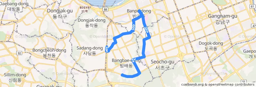 Mapa del recorrido 서초13 (이수역 방면) de la línea  en 瑞草区.