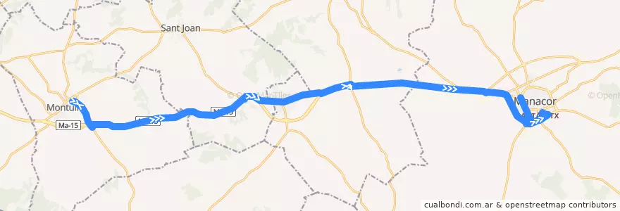 Mapa del recorrido Bus 421: Montuïri → Manacor de la línea  en Balear Adaları.