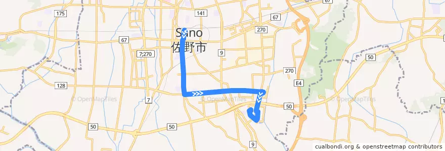Mapa del recorrido 佐野市さーのって号植下高萩線 佐野駅⇒植下町⇒佐野新都市バスターミナル de la línea  en Sano.
