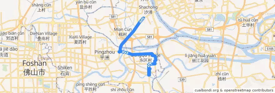 Mapa del recorrido 485路(鹤洞总站-三山科创中心总站) de la línea  en 広東省.