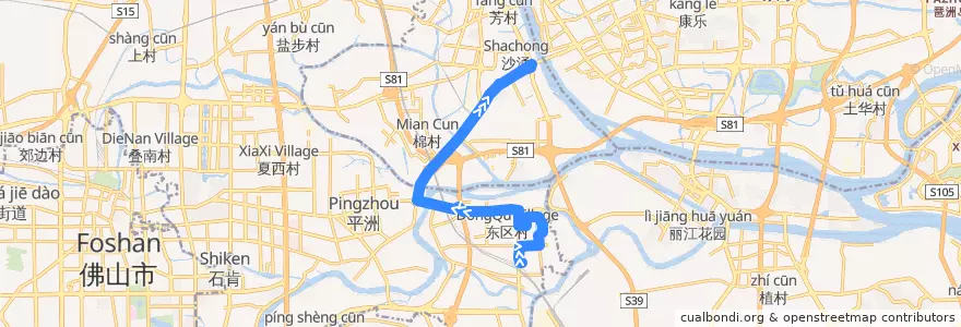 Mapa del recorrido 485路(三山科创中心总站-鹤洞总站) de la línea  en 广东省.