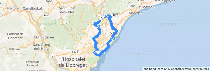 Mapa del recorrido N6 Santa Coloma (Oliveres) => Barcelona (Roquetes-Pl.Catalunya) de la línea  en Barcelonès.