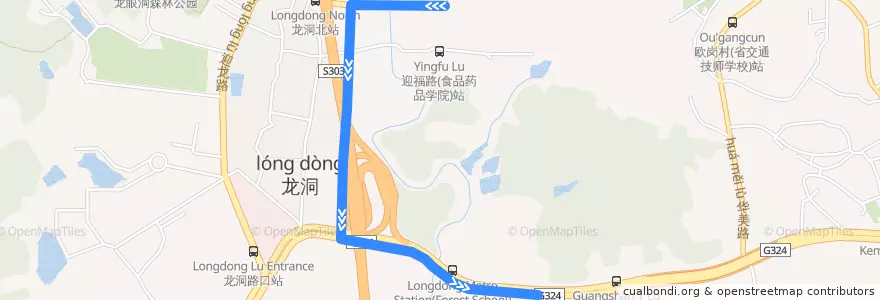 Mapa del recorrido 492路[渔沙坦(中山村)总站-地铁龙洞站(林校)总站] de la línea  en 龙洞街道.