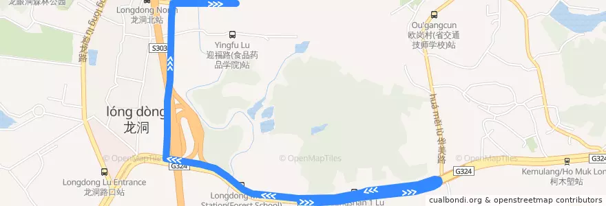 Mapa del recorrido 492A路[地铁龙洞站(林校)总站-渔沙坦(中山村)总站] de la línea  en 龙洞街道.