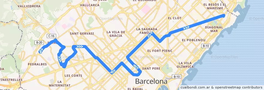 Mapa del recorrido N7 Pedralbes => Pl. Catalunya => Fòrum de la línea  en Barcelona.