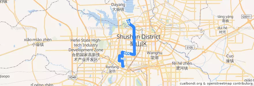 Mapa del recorrido 13路 de la línea  en 蜀山区 (Shushan).