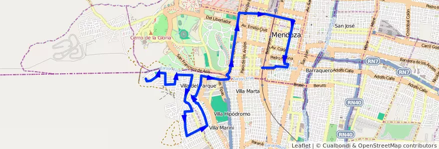 Mapa del recorrido 76 - Bº Supe - Expreso de la línea G05 en Мендоса.