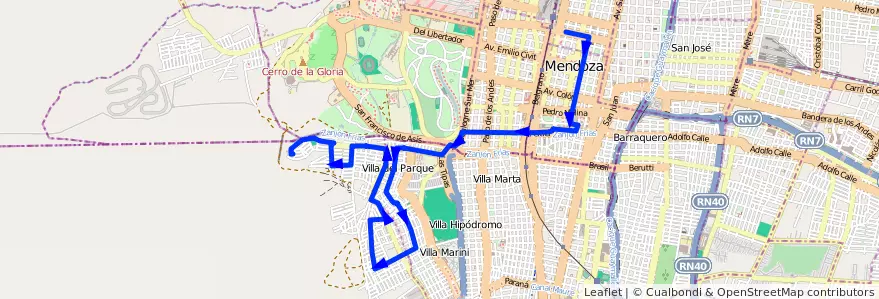 Mapa del recorrido 76 - Bº Supe - Expreso de la línea G05 en Mendoza.