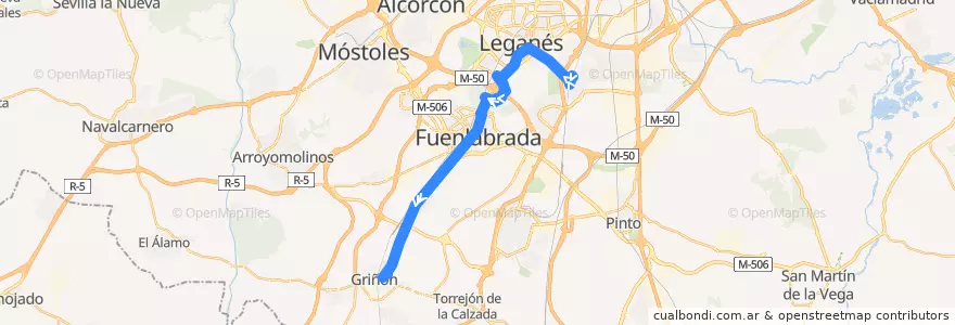 Mapa del recorrido 468: Getafe - Griñón de la línea  en منطقة مدريد.