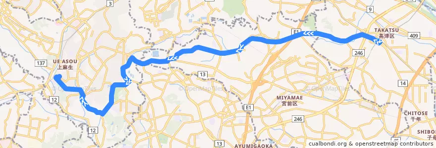 Mapa del recorrido 柿生線 溝口駅南口 => 柿生駅前 de la línea  en Kawasaki.