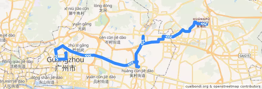 Mapa del recorrido 508路(萝岗中心区总站-广州火车东站总站) de la línea  en Guangzhou City.