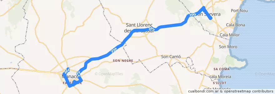 Mapa del recorrido Bus 432: Manacor → Sant Llorenç → Son Servera de la línea  en Llevant.
