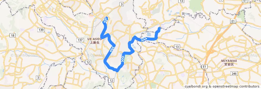 Mapa del recorrido 新ゆり線 新百合丘駅前 => 鷲ヶ峰営業所前 de la línea  en Asao Ward.