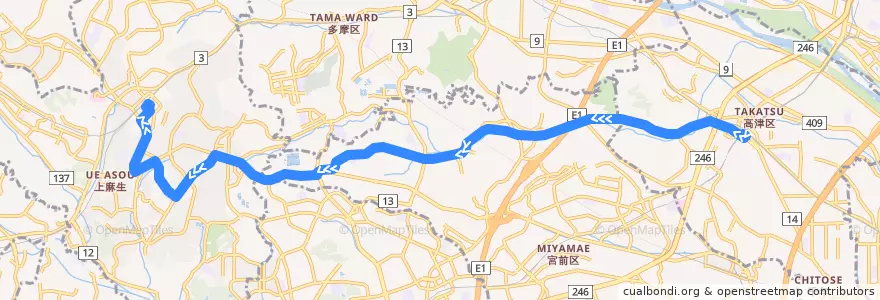 Mapa del recorrido 柿生線 溝口駅南口 => 新百合丘駅前 de la línea  en Kawasaki.