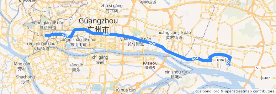 Mapa del recorrido 517路(黄埔客运站总站-广仁路总站) de la línea  en Гуанчжоу.