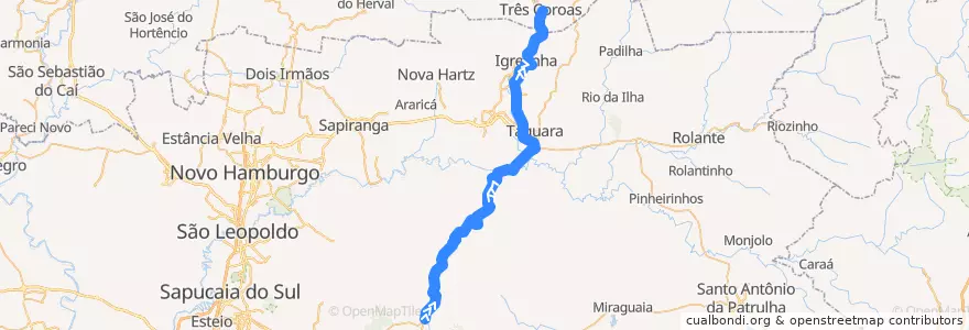 Mapa del recorrido POA-TCO de la línea  en Região Geográfica Imediata de Taquara - Parobé - Igrejinha.