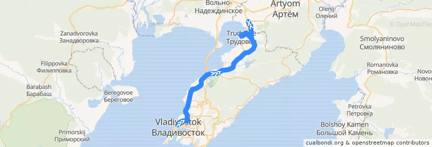 Mapa del recorrido Автобус 102т: Семёновская - Станция Угольная de la línea  en Владивостокский городской округ.