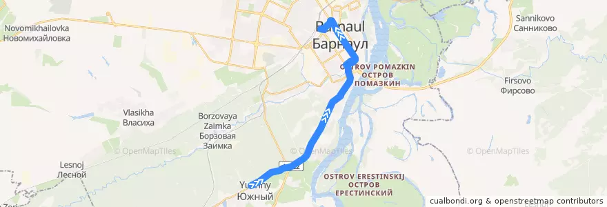 Mapa del recorrido Автобус №55: пос. Южный — пл. Победы de la línea  en городской округ Барнаул.