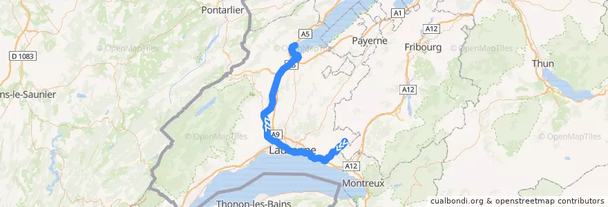 Mapa del recorrido S5: Palézieux => Grandson de la línea  en Vaud.