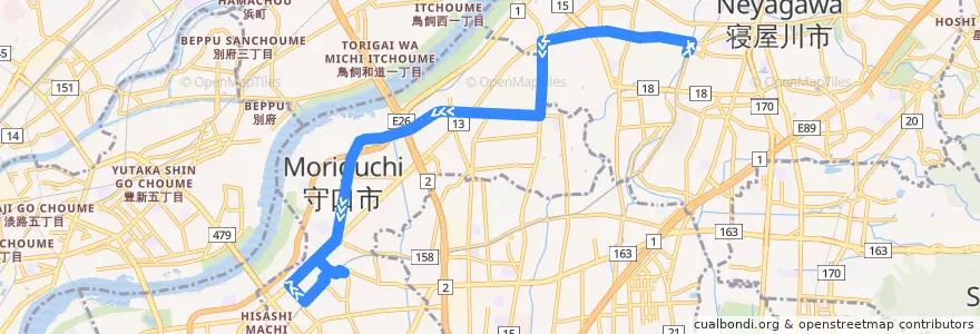Mapa del recorrido 1:寝屋川市駅～仁和寺～八雲～京阪守口市駅 de la línea  en 大阪府.