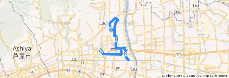 Mapa del recorrido 50：西宮北口→JR甲子園口～西宮中央病院前～JR甲子園口 de la línea  en Нисиномия.