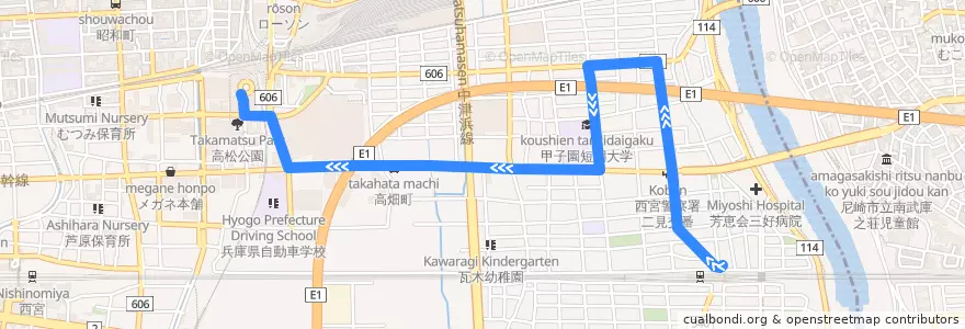 Mapa del recorrido 39：JR甲子園口→西宮北口 de la línea  en Nishinomiya.