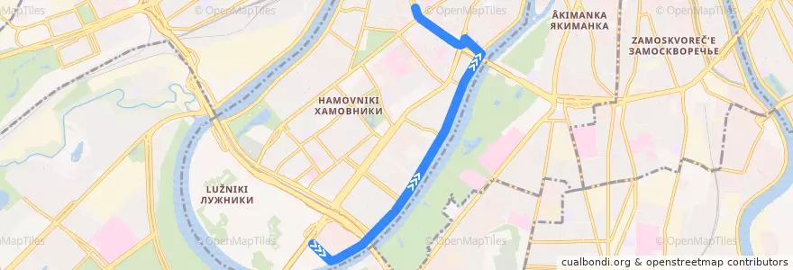 Mapa del recorrido Автобус Б: Стадион «Лужники» (южная) => Пречистенка de la línea  en Москва.