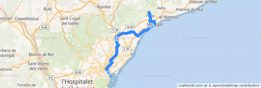 Mapa del recorrido N9 Barcelona (Pl. Portal de la Pau-Pl. Catalunya) => Tiana (Edith Llaurador) de la línea  en Barcelona.