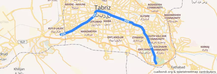 Mapa del recorrido خط یک قطار شهری تبریز - شرقی de la línea  en تبریز.