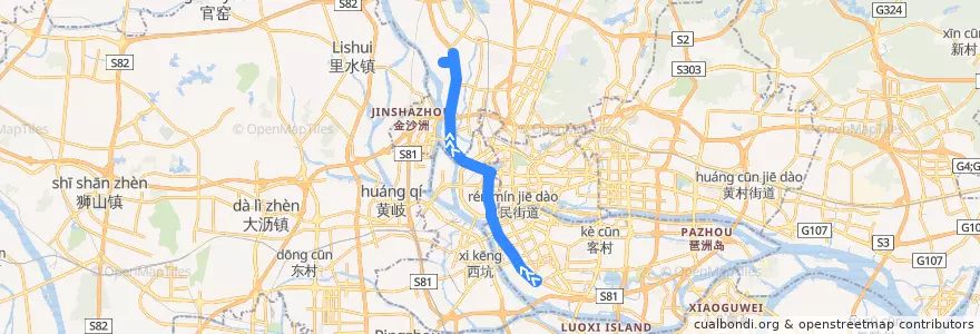 Mapa del recorrido 521路(石溪总站-凰岗总站) de la línea  en 広州市.