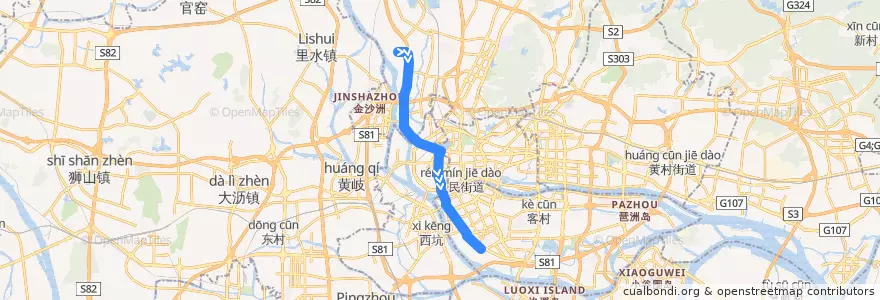 Mapa del recorrido 521路(凰岗总站-石溪总站) de la línea  en Гуанчжоу.