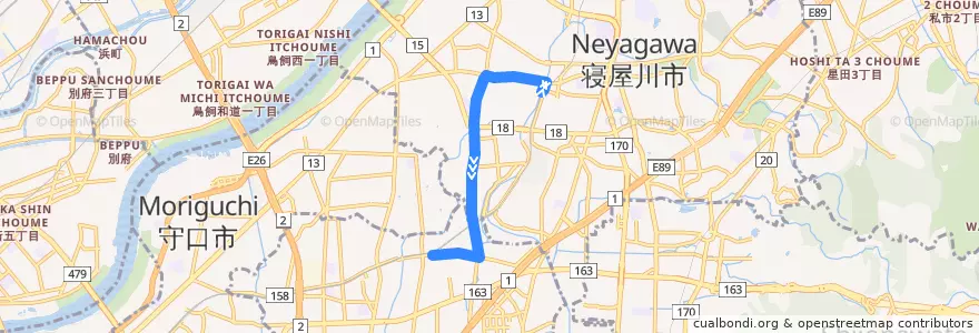 Mapa del recorrido 14：京阪大和田駅～高柳住宅前～寝屋川市駅 de la línea  en 寝屋川市.