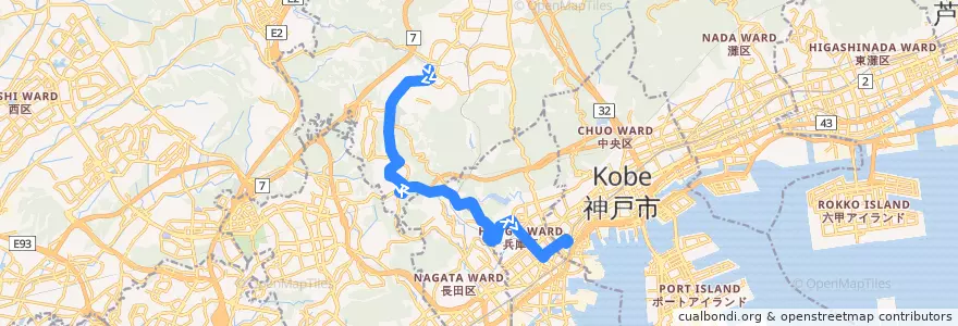 Mapa del recorrido 151：西鈴蘭台駅前→（直通）→神戸駅前 de la línea  en 神戸市.