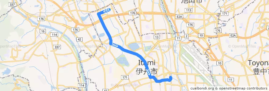 Mapa del recorrido 2：JR伊丹・阪急伊丹～大鹿口～南畑～荒牧バラ公園 de la línea  en 伊丹市.