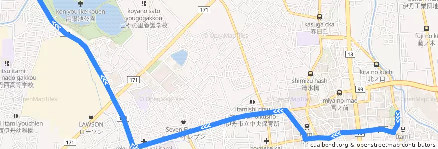 Mapa del recorrido 16：中野大橋→札場辻→阪急伊丹・JR伊丹 de la línea  en 伊丹市.
