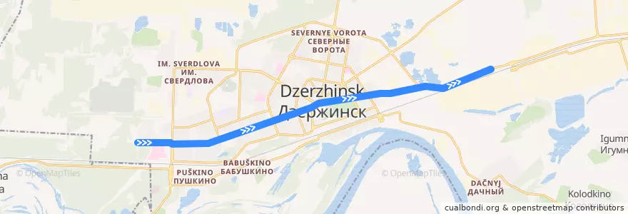 Mapa del recorrido Маршрутное такси №Т-4 (Микрорайон Западный-1 - ООО «Корунд») de la línea  en Dzerzhinsk.