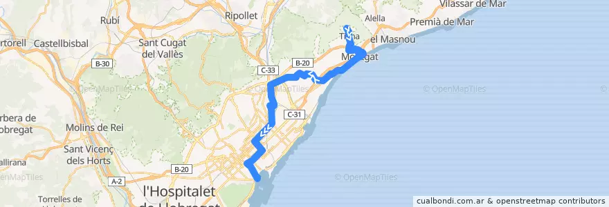 Mapa del recorrido N9 Tiana (Edith Llaurador) => Barcelona (Pl. Catalunya-Pl. Portal de la Pau) de la línea  en Barcelona.