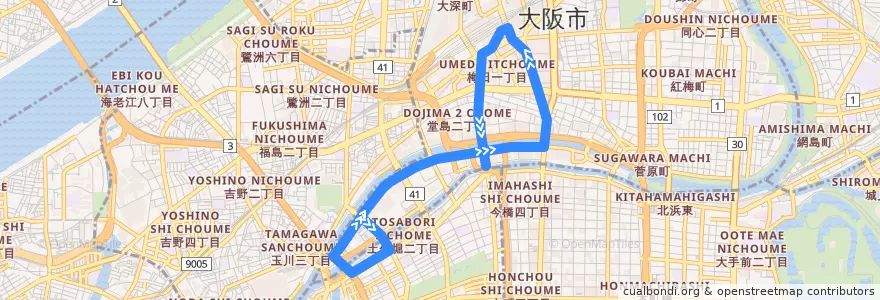 Mapa del recorrido 53：大阪駅前～船津橋 de la línea  en Kita Ward.