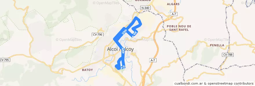 Mapa del recorrido (1) Zona Alta-Zona Nord de la línea  en Alcoi / Alcoy.