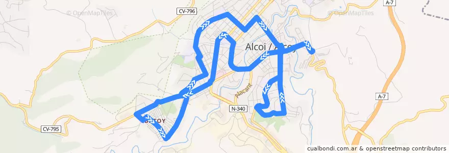 Mapa del recorrido (2) Sant Vicent-Centre-Batoi-Eixample de la línea  en Alcoi / Alcoy.