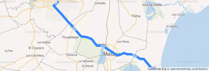 Mapa del recorrido Managua - Granada de la línea  en Nicarágua.
