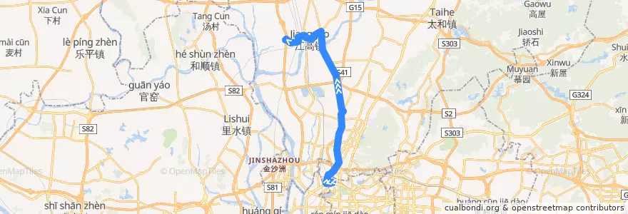 Mapa del recorrido 523路(市客运站总站-江高小塘总站) de la línea  en Baiyun District.