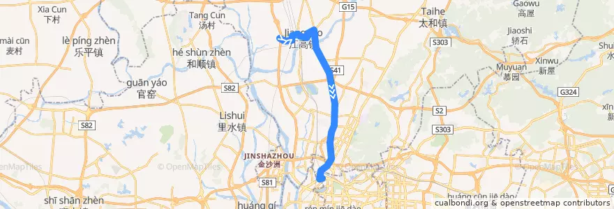 Mapa del recorrido 523路(江高小塘总站-市客运站总站) de la línea  en Baiyun District.