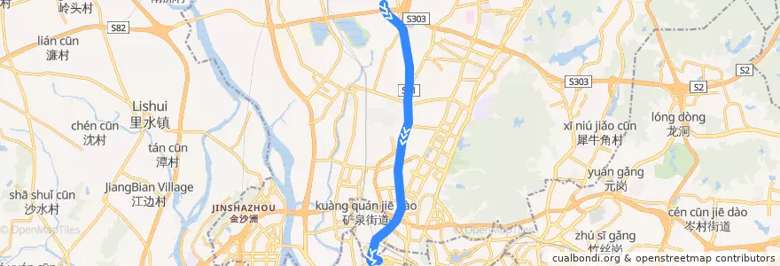 Mapa del recorrido 523A路(大朗总站-市客运站总站) de la línea  en 白云区.