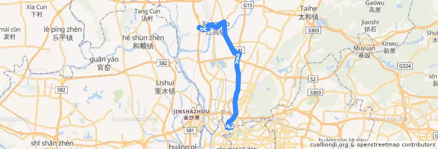 Mapa del recorrido 523快线(市客运站总站-江高小塘总站) de la línea  en Baiyun District.