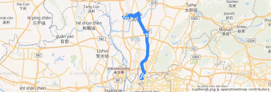 Mapa del recorrido 523快线(江高小塘总站-市客运站总站) de la línea  en Baiyun District.