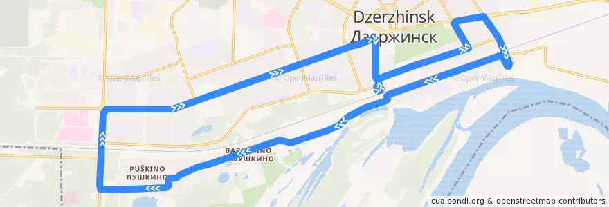 Mapa del recorrido Автобус №8 (Автовокзал - п. Бабушкино - п. Пушкино - автовокзал) de la línea  en Dzerzhinsk.