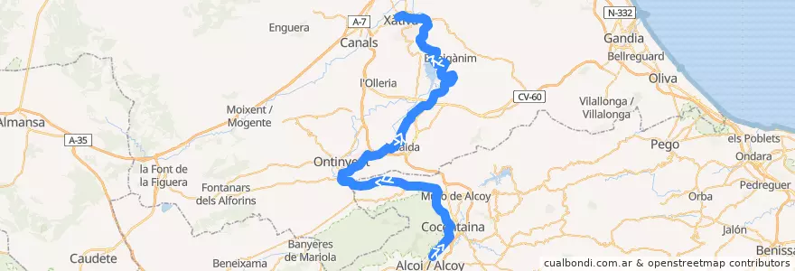 Mapa del recorrido Línea 47 (Alcoi-Xàtiva) de la línea  en Comunitat Valenciana.