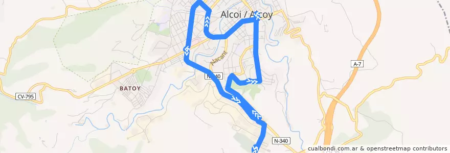Mapa del recorrido (5) Cementeri-Plaça Espanya-Santa Rosa de la línea  en Alcoi / Alcoy.